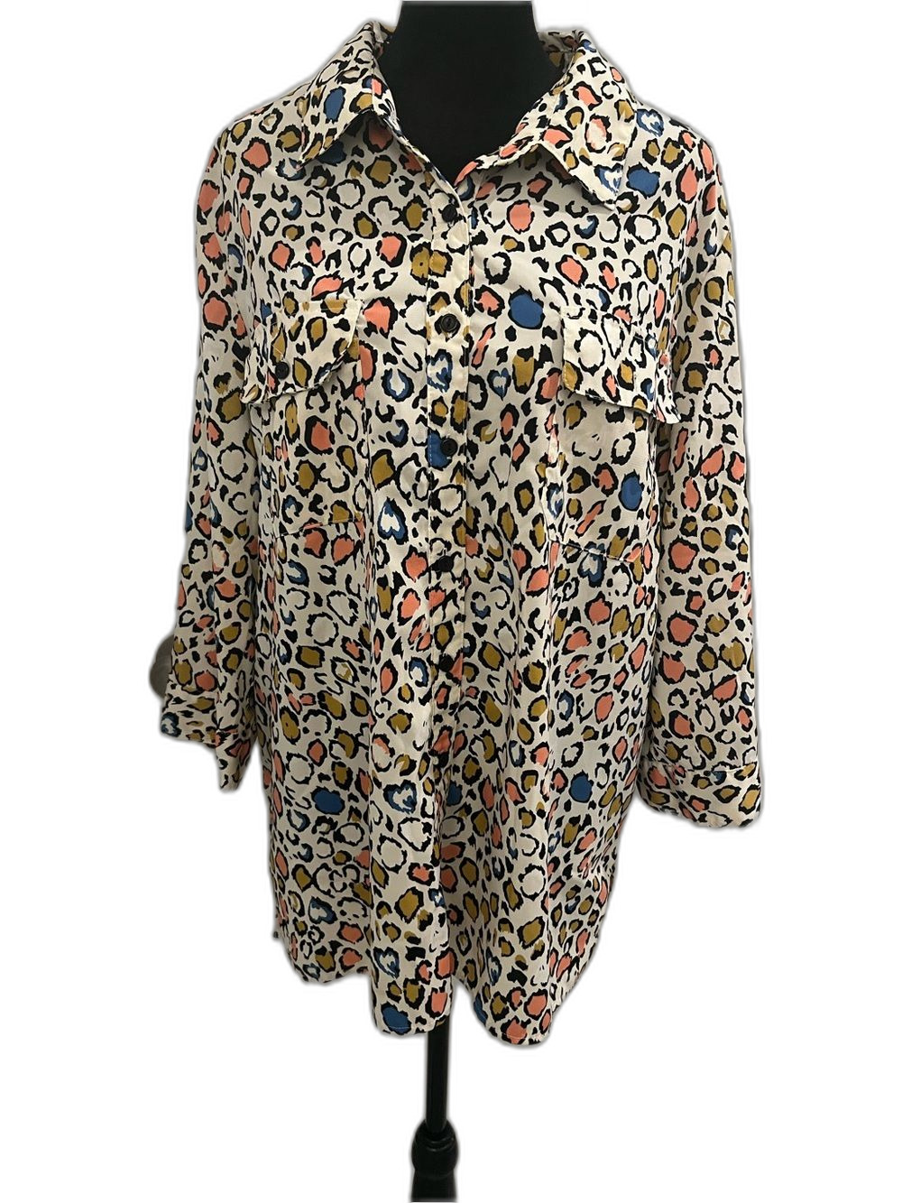 Notations Women’s XL Colorful Leopard Animal Print Button Front Shirt Long Sleev